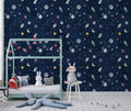 Space Rocket Wallpaper : Navy Astronaut and Planets Pattern