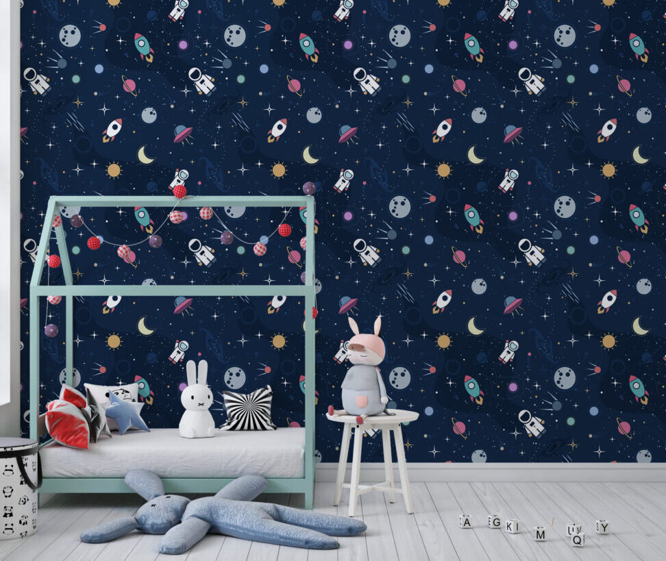 Space Rocket Wallpaper : Navy Astronaut and Planets Pattern