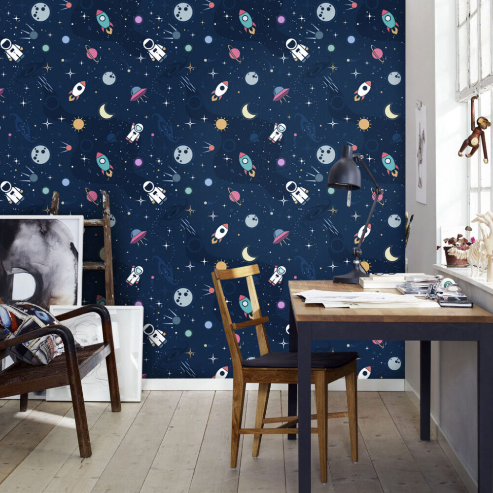 Space Rocket Wallpaper : Navy Astronaut and Planets Pattern - View 2