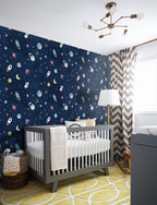Space Rocket Wallpaper : Navy Astronaut and Planets Pattern - View 5