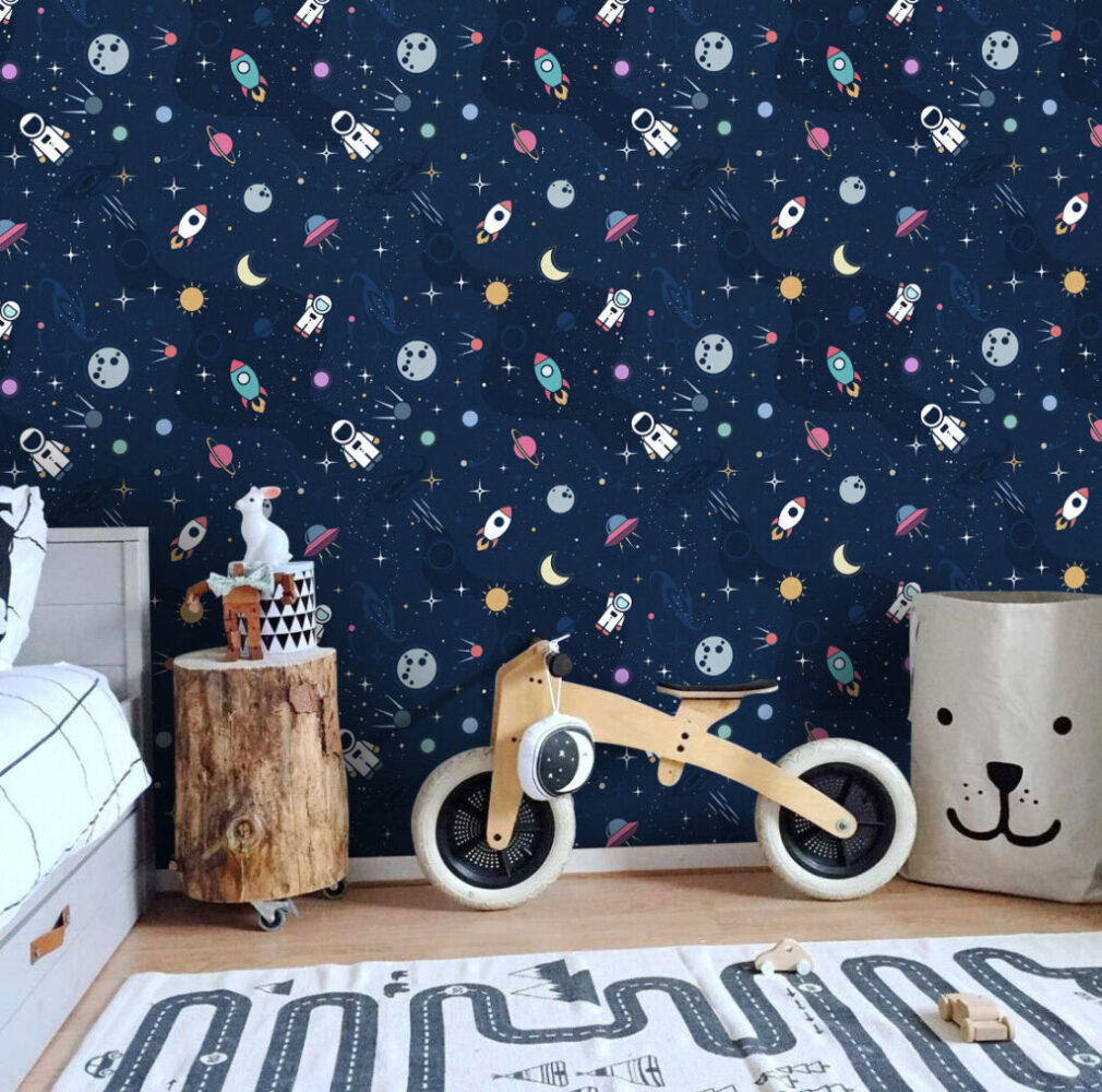 Space Rocket Wallpaper : Navy Astronaut and Planets Pattern - View 4