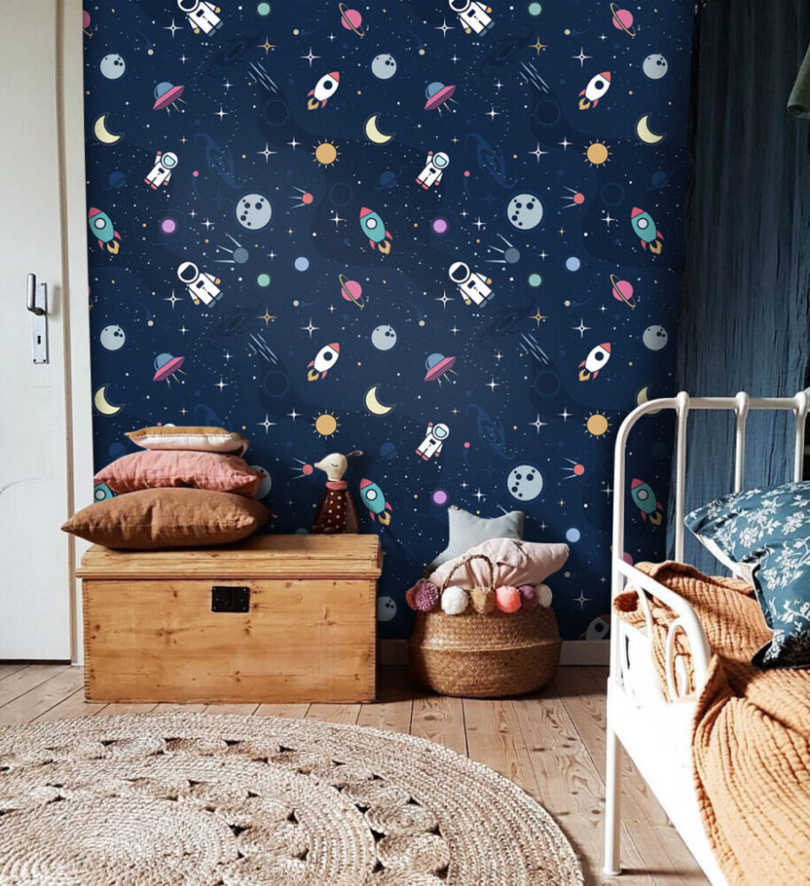 Space Rocket Wallpaper : Navy Astronaut and Planets Pattern - View 3