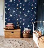 Space Rocket Wallpaper : Navy Astronaut and Planets Pattern - View 3