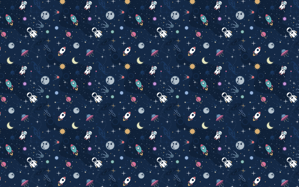Space Rocket Wallpaper : Navy Astronaut and Planets Pattern - flat design