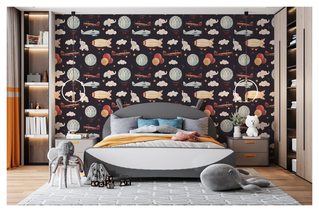 Vintage Airplane Wallpaper : Balloons And Clouds On Navy Pattern - View 3