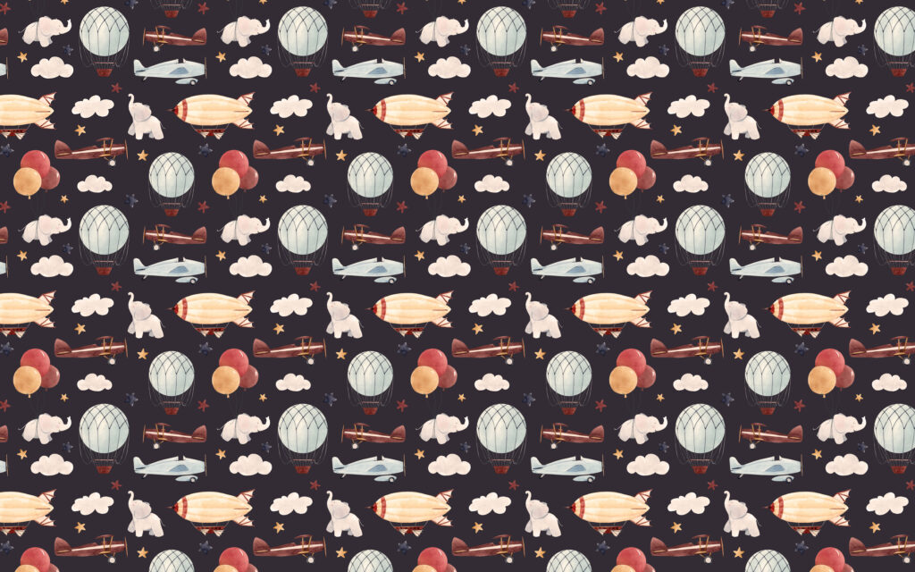 Vintage Airplane Wallpaper : Balloons And Clouds On Navy Pattern - View 2