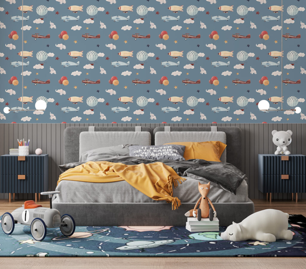 Airplane Balloon Wallpaper : Blue Sky Vintage Planes Pattern - View 3