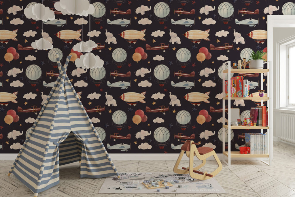 Vintage Airplane Wallpaper : Balloons And Clouds On Navy Pattern