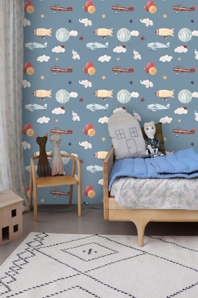 Airplane Balloon Wallpaper : Blue Sky Vintage Planes Pattern - View 5