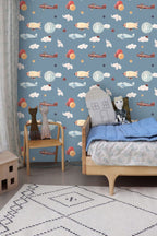 Airplane Balloon Wallpaper : Blue Sky Vintage Planes Pattern - View 5