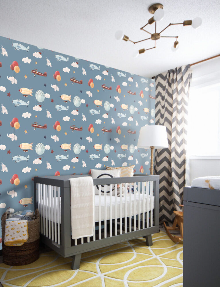 Airplane Balloon Wallpaper : Blue Sky Vintage Planes Pattern - View 4