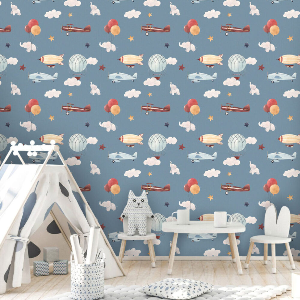 Airplane Balloon Wallpaper : Blue Sky Vintage Planes Pattern - View 2