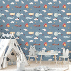 Airplane Balloon Wallpaper : Blue Sky Vintage Planes Pattern - View 2