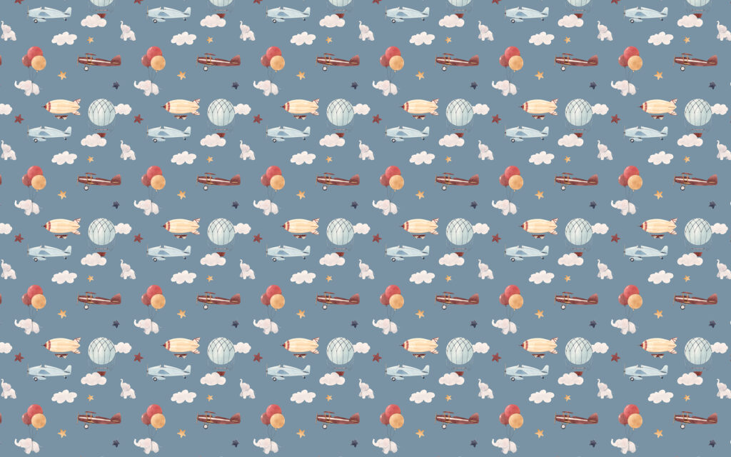 Airplane Balloon Wallpaper : Blue Sky Vintage Planes Pattern - flat design