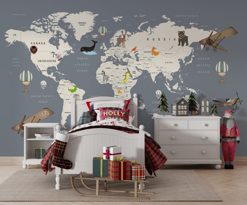 Kids Animal Map Wallpaper : Cream Continents on Grey Mural
