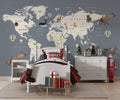 Kids Animal Map Wallpaper : Cream Continents on Grey Mural
