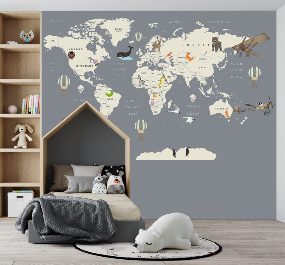 Kids Animal Map Wallpaper : Cream Continents on Grey Mural - View 2