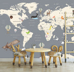 Kids Animal Map Wallpaper : Cream Continents on Grey Mural - View 5