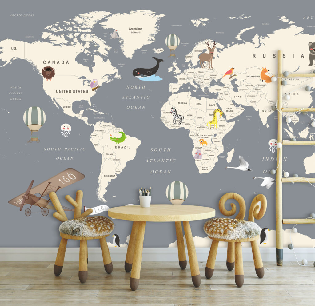 Kids Animal Map Wallpaper : Cream Continents on Grey Mural - View 5
