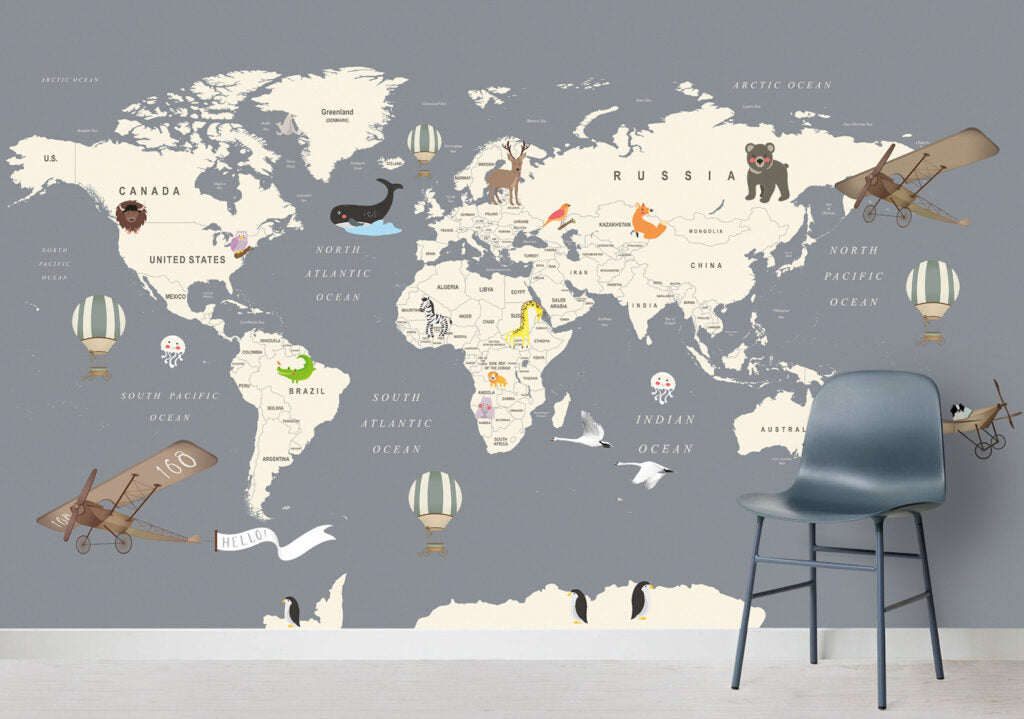 Kids Animal Map Wallpaper : Cream Continents on Grey Mural - View 4