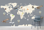 Kids Animal Map Wallpaper : Cream Continents on Grey Mural - View 4
