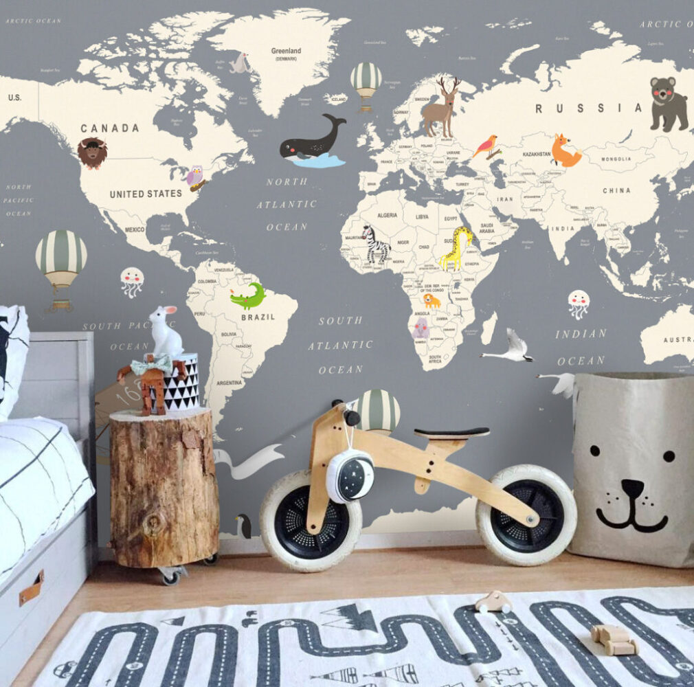 Kids Animal Map Wallpaper : Cream Continents on Grey Mural - View 3