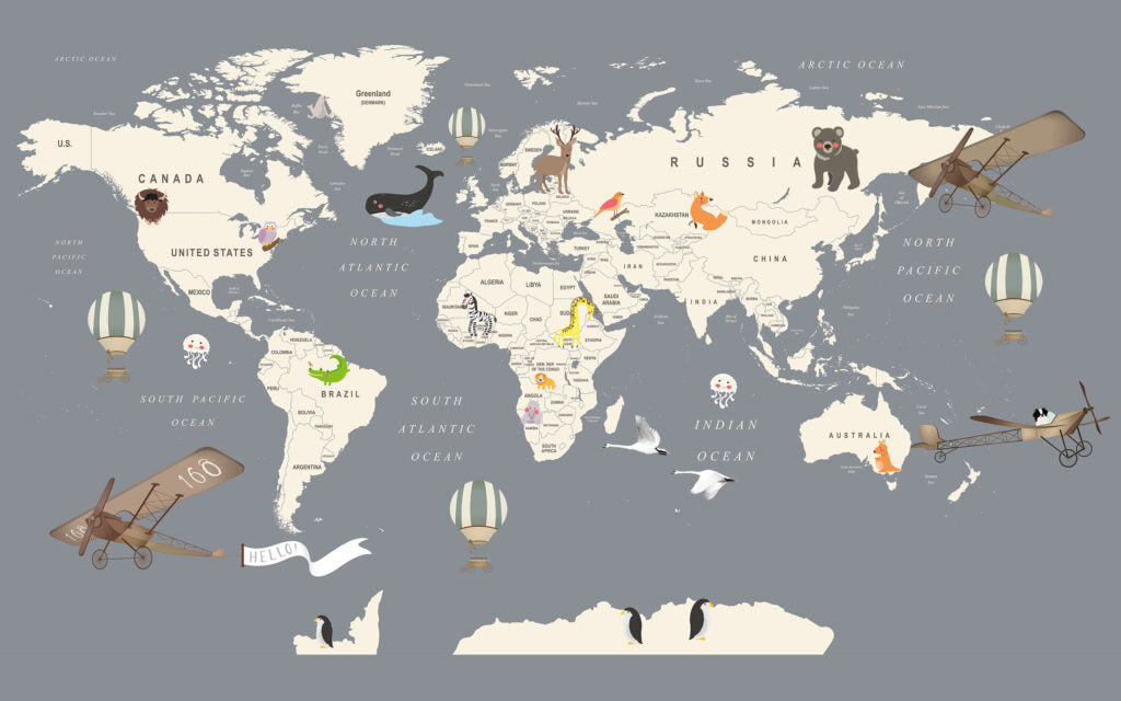 Kids Animal Map Wallpaper : Cream Continents on Grey Mural - flat design
