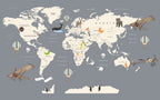Kids Animal Map Wallpaper : Cream Continents on Grey Mural - flat design