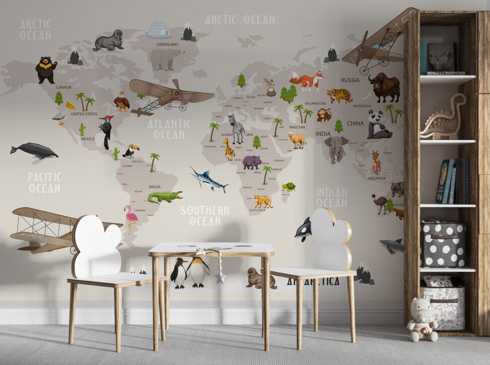Safari World Map Wallpaper : Animals and Planes Kids Mural