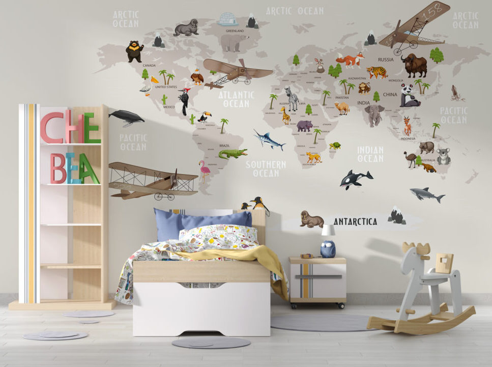 Safari World Map Wallpaper : Animals and Planes Kids Mural - View 2