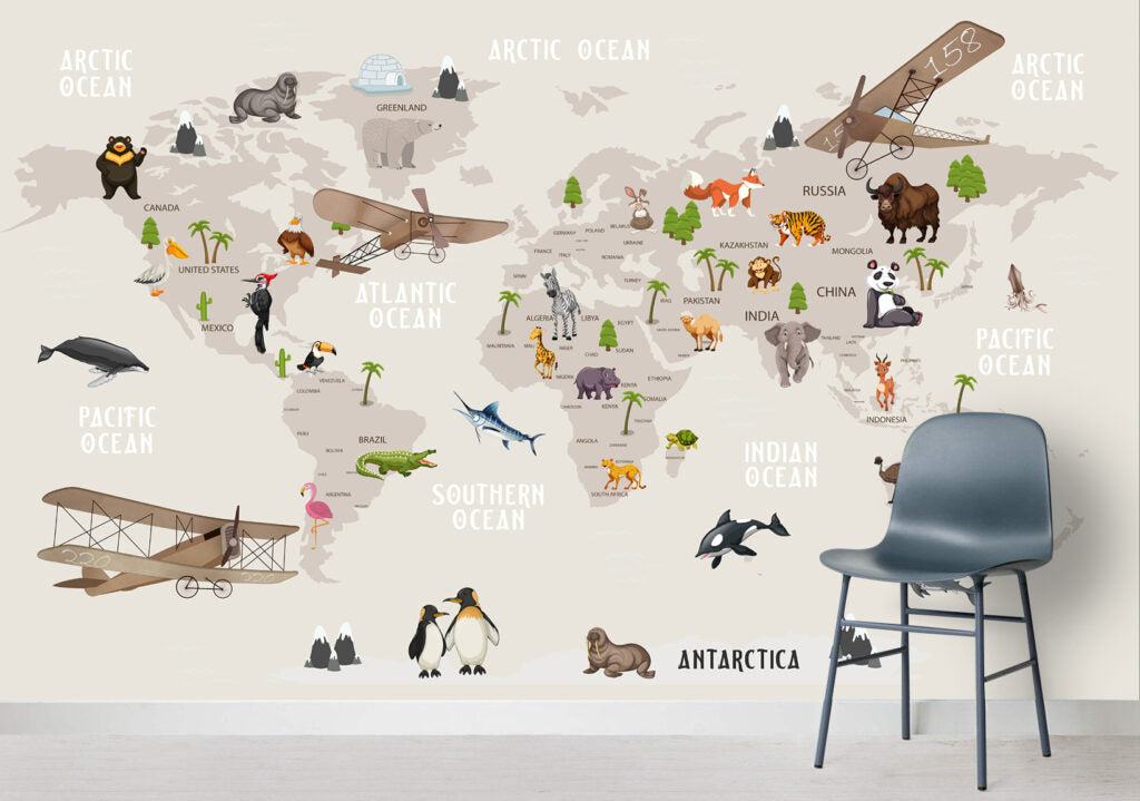 Safari World Map Wallpaper : Animals and Planes Kids Mural - View 5