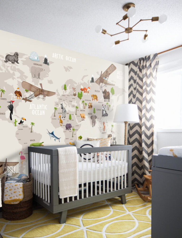 Safari World Map Wallpaper : Animals and Planes Kids Mural - View 3