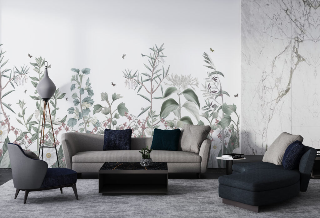 Sage Meadow Wallpaper : White Botanical Wildflower Mural