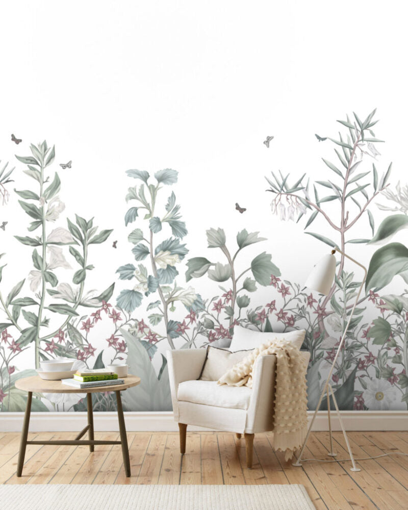 Sage Meadow Wallpaper : White Botanical Wildflower Mural - View 2