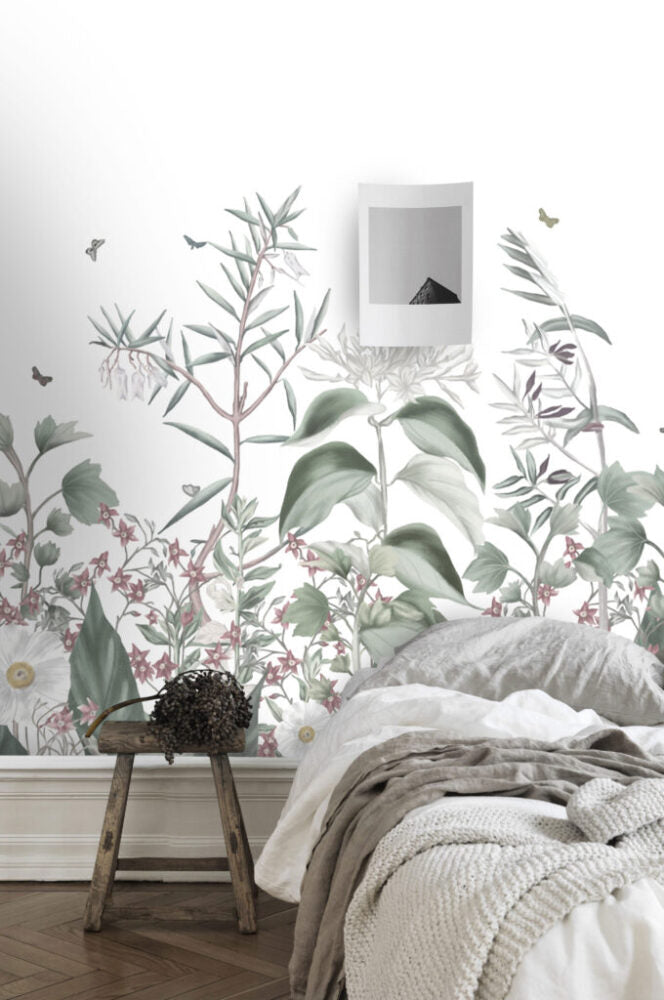 Sage Meadow Wallpaper : White Botanical Wildflower Mural - View 3