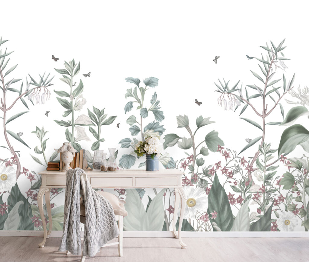 Sage Meadow Wallpaper : White Botanical Wildflower Mural - View 4