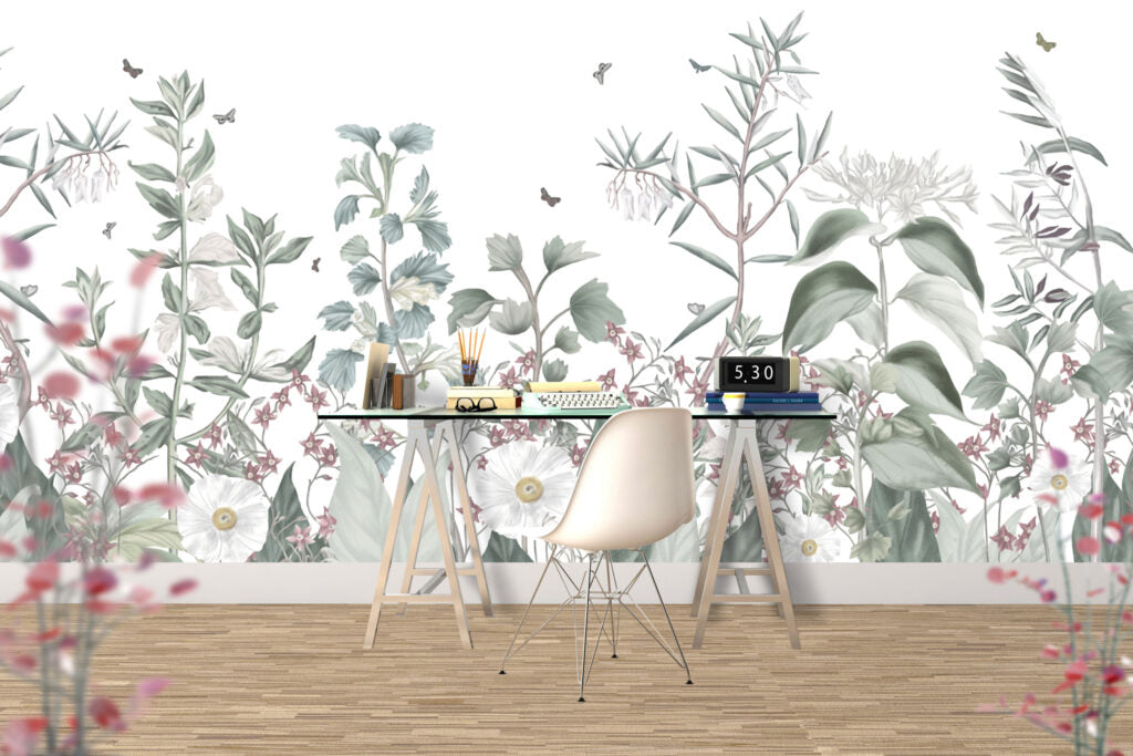 Sage Meadow Wallpaper : White Botanical Wildflower Mural - View 5