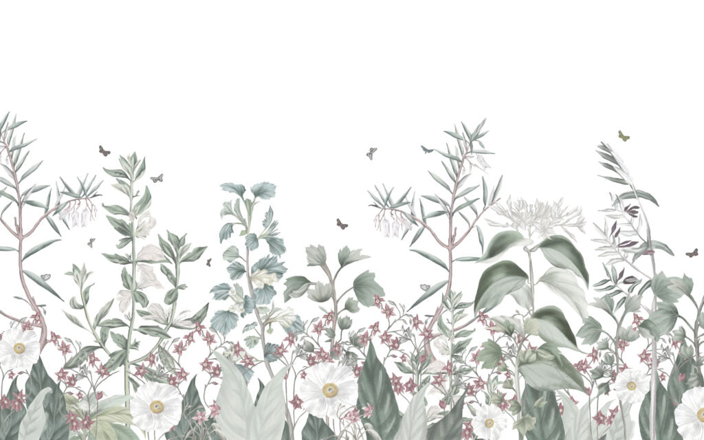 Sage Meadow Wallpaper : White Botanical Wildflower Mural - flat design
