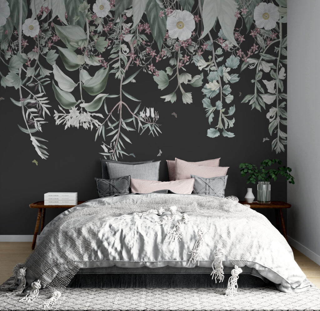 Dark Botanical Wallpaper : Charcoal Wildflower Meadow Mural