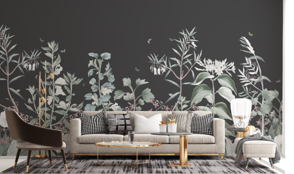 Dark Botanical Wallpaper : Charcoal Wildflower Meadow Mural - View 2