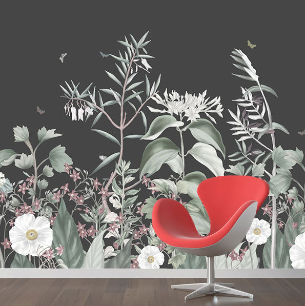 Dark Botanical Wallpaper : Charcoal Wildflower Meadow Mural - View 4