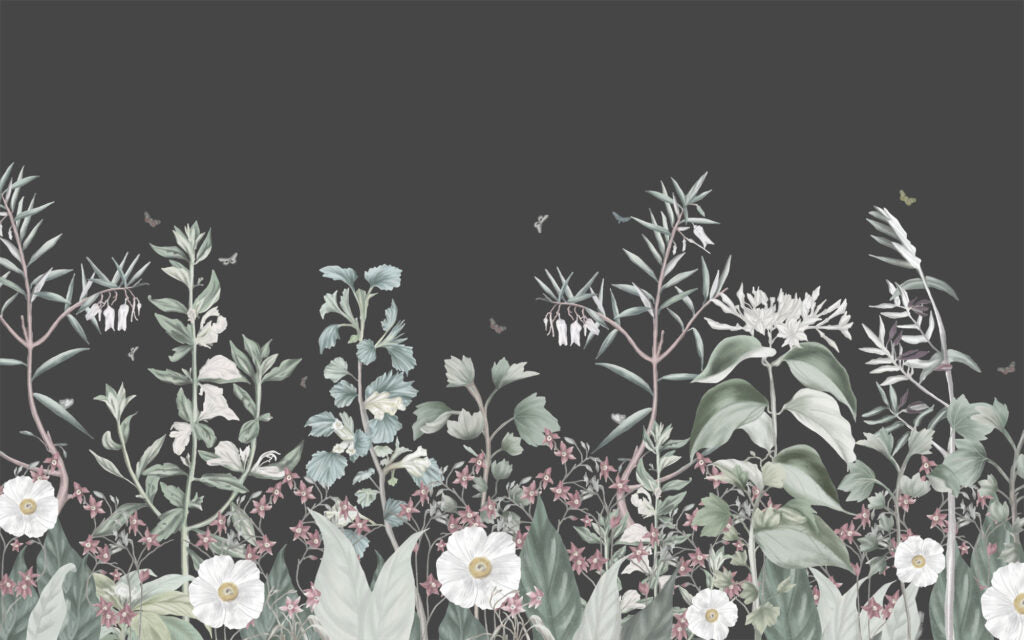Dark Botanical Wallpaper : Charcoal Wildflower Meadow Mural - flat design