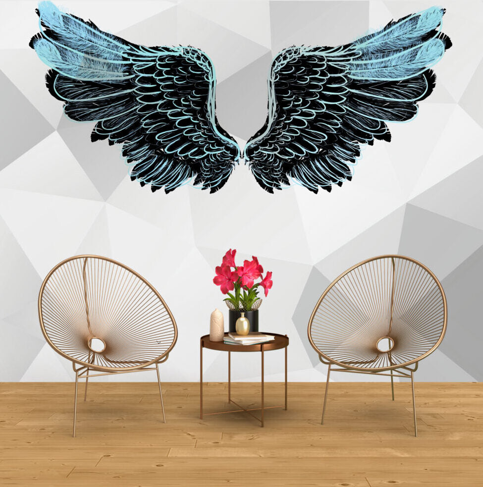 Black Angel Wings Wallpaper : Icy Blue Feather Mural