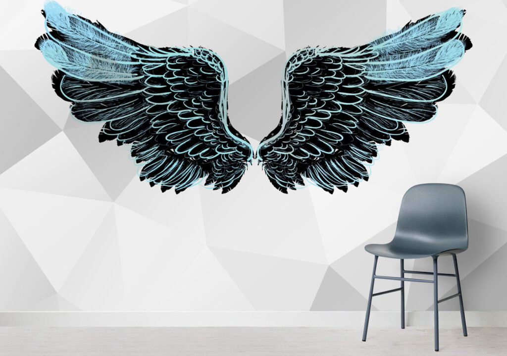 Black Angel Wings Wallpaper : Icy Blue Feather Mural - View 3
