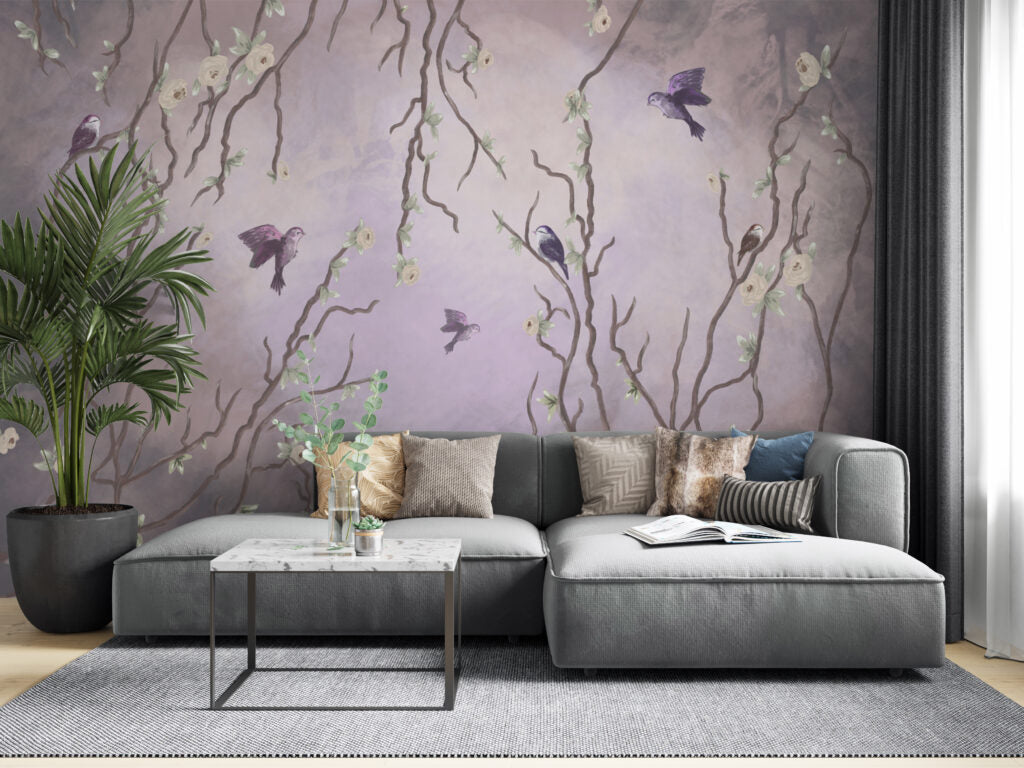 Lilac Bird Branch Wallpaper : Purple Blossom Mural