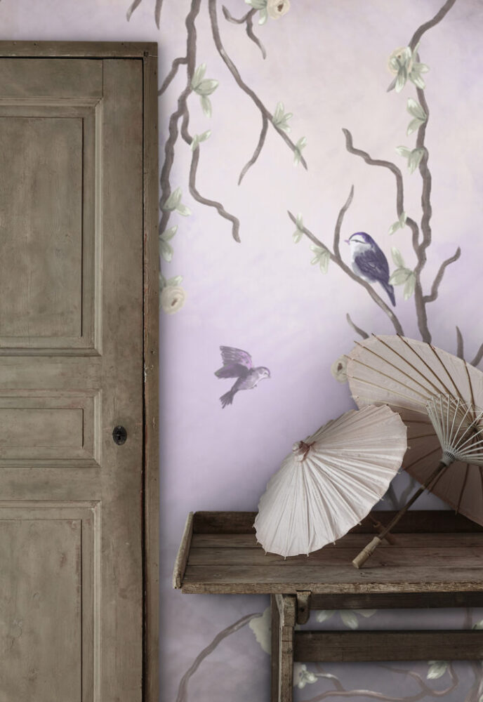 Lilac Bird Branch Wallpaper : Purple Blossom Mural - View 5