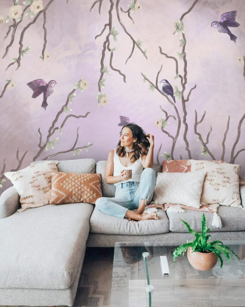 Lilac Bird Branch Wallpaper : Purple Blossom Mural - View 4