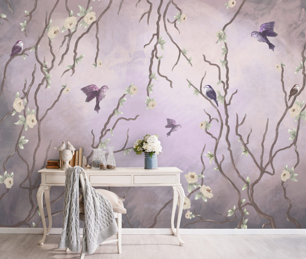 Lilac Bird Branch Wallpaper : Purple Blossom Mural - View 3