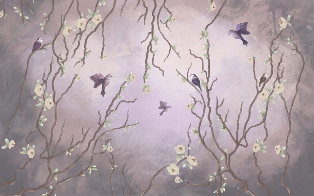 Lilac Bird Branch Wallpaper : Purple Blossom Mural - flat design