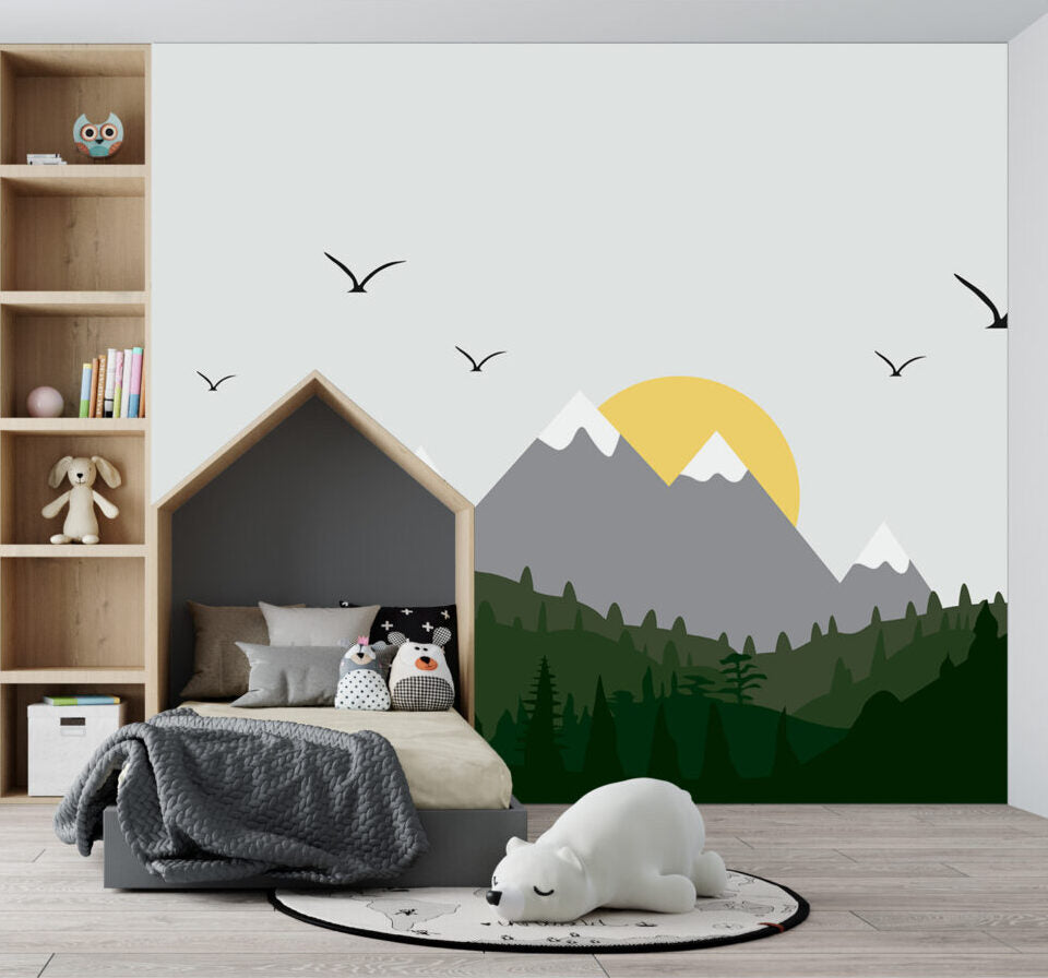 Grey Mountain Sunrise Wallpaper : Yellow Sun Kids Mural